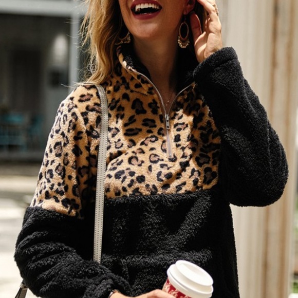 Leopard Sherpa Fleece Animal Print Zip Pullover - Picture 3 of 3